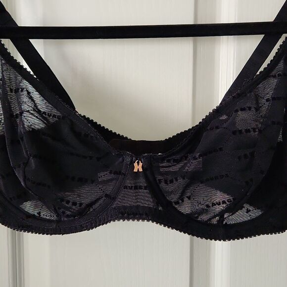 Savage X Fenty Flocked Logo Unlined Demi Bra Black Mesh Size 36DD Gold Hardware - Picture 4 of 11